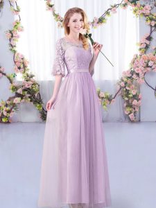 Dynamic Half Sleeves Floor Length Lace and Belt Side Zipper Damas Dress with Lavender