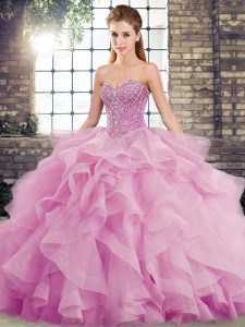 Lace Up Quince Ball Gowns Lilac for Military Ball and Sweet 16 and Quinceanera with Beading and Ruffles Brush Train