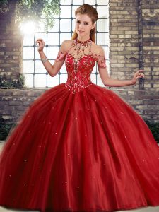 Super Wine Red Halter Top Lace Up Beading Quince Ball Gowns Brush Train Sleeveless