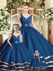Navy Blue Sleeveless Beading and Ruffled Layers Floor Length Quinceanera Dresses