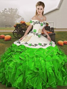 Stunning Sleeveless Floor Length Embroidery and Ruffles Lace Up Quinceanera Gown with Green
