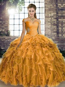 Gold Ball Gowns Off The Shoulder Sleeveless Organza Brush Train Lace Up Beading and Ruffles Quince Ball Gowns