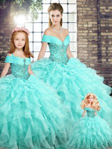 Sweet Organza Sleeveless Quince Ball Gowns Brush Train and Beading and Ruffles