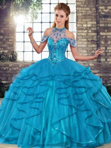 Colorful Blue Sleeveless Beading and Ruffles Floor Length Quince Ball Gowns