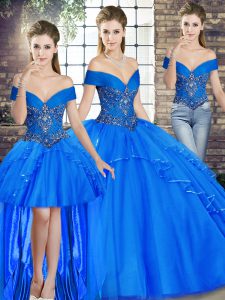 Glittering Off The Shoulder Sleeveless Tulle 15th Birthday Dress Beading and Ruffles Lace Up