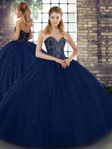 Navy Blue Lace Up Sweetheart Beading 15 Quinceanera Dress Tulle Sleeveless