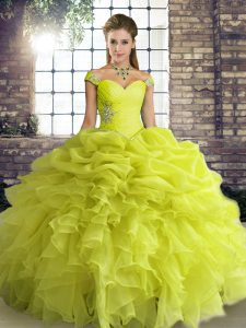 Yellow Green Organza Lace Up Off The Shoulder Sleeveless Floor Length Sweet 16 Dresses Beading and Ruffles and Pick Ups