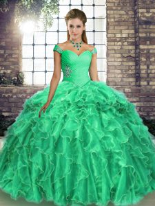Classical Sleeveless Organza Brush Train Lace Up Vestidos de Quinceanera in Turquoise with Beading and Ruffles