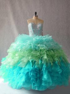Exquisite Sleeveless Floor Length Beading and Ruffles Lace Up Sweet 16 Dress with Multi-color