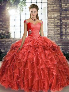Coral Red Off The Shoulder Lace Up Beading and Ruffles Sweet 16 Dress Brush Train Sleeveless