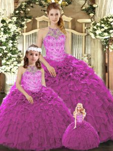 Fuchsia Ball Gowns Beading and Ruffles Quinceanera Dress Lace Up Organza Sleeveless Floor Length