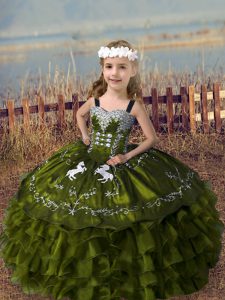 Organza Straps Sleeveless Lace Up Embroidery and Ruffled Layers Pageant Dress in Olive Green