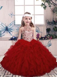 Exceptional Tulle Sleeveless Floor Length Kids Formal Wear and Beading and Ruffles
