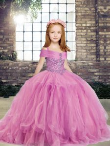 Admirable Sleeveless Floor Length Beading Lace Up Little Girls Pageant Gowns with Lilac