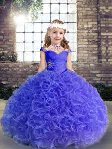 Dynamic Purple Ball Gowns Beading and Ruching Winning Pageant Gowns Lace Up Fabric With Rolling Flowers Sleeveless Floor Length