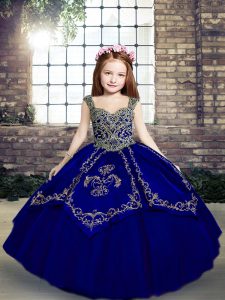 Royal Blue Straps Lace Up Beading and Embroidery Girls Pageant Dresses Sleeveless
