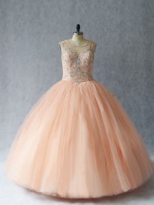 On Sale Sleeveless Floor Length Beading Lace Up Sweet 16 Quinceanera Dress with Peach