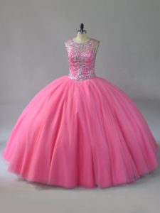 Eye-catching Scoop Sleeveless Lace Up Beading Sweet 16 Dress in Pink