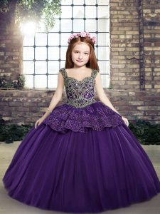 Purple Sleeveless Floor Length Beading and Appliques Lace Up Little Girl Pageant Dress