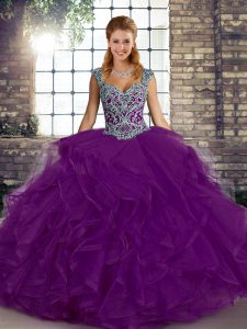 Tulle Straps Sleeveless Lace Up Beading and Ruffles Sweet 16 Quinceanera Dress in Purple
