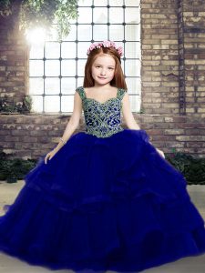 Glorious Royal Blue Organza Lace Up Little Girls Pageant Gowns Sleeveless Floor Length Beading and Ruffles