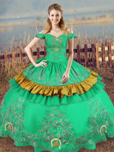 Floor Length Green Quinceanera Gown Off The Shoulder Sleeveless Lace Up