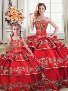 Fitting Red Lace Up Sweetheart Embroidery and Ruffled Layers Sweet 16 Dresses Satin and Organza Sleeveless