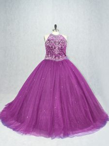 Cheap Purple Sleeveless Tulle Lace Up Sweet 16 Dress for Quinceanera