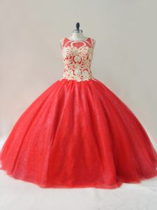 Floor Length Red 15th Birthday Dress Scoop Sleeveless Lace Up