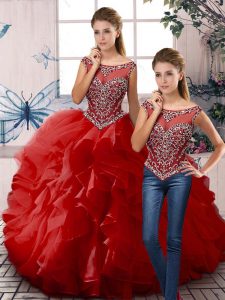 Dramatic Floor Length Ball Gowns Sleeveless Red Vestidos de Quinceanera Zipper