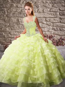 Superior Ball Gowns Sleeveless Yellow Green Quinceanera Dresses Court Train Lace Up