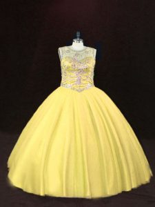 Attractive Gold Tulle Lace Up Scoop Sleeveless Floor Length Sweet 16 Dress Beading