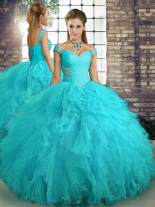 Aqua Blue Ball Gowns Off The Shoulder Sleeveless Tulle Floor Length Lace Up Beading and Ruffles Vestidos de Quinceanera