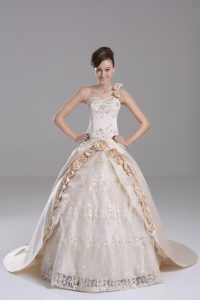Champagne Ball Gowns One Shoulder Sleeveless Satin Brush Train Lace Up Embroidery and Hand Made Flower Quinceanera Dress