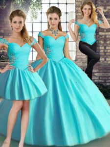 Aqua Blue Sleeveless Floor Length Beading Lace Up Sweet 16 Dresses