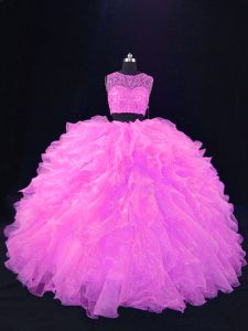 Organza Scoop Sleeveless Zipper Beading and Ruffles Sweet 16 Quinceanera Dress in Pink