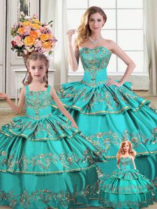 Simple Aqua Blue Organza Lace Up Sweetheart Sleeveless Floor Length Sweet 16 Dresses Embroidery and Ruffled Layers