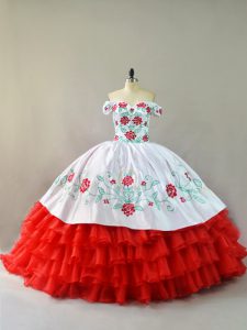 Custom Made White And Red Organza Lace Up Off The Shoulder Sleeveless Sweet 16 Quinceanera Dress Court Train Embroidery and Ruffled Layers