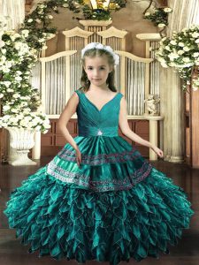 Teal Organza Backless Winning Pageant Gowns Sleeveless Floor Length Beading and Appliques and Ruffles