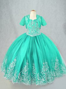 Turquoise Sleeveless Beading and Embroidery Floor Length Child Pageant Dress