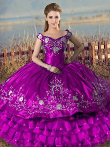 Satin and Organza Off The Shoulder Sleeveless Lace Up Embroidery and Ruffled Layers Quince Ball Gowns in Purple