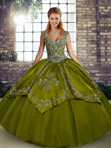Tulle Straps Sleeveless Lace Up Beading and Embroidery Quince Ball Gowns in Olive Green