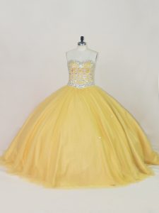 Cute Floor Length Gold Quinceanera Gown Sweetheart Sleeveless Lace Up