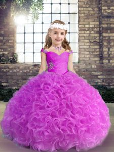 Lilac Ball Gowns Beading and Ruching Kids Formal Wear Lace Up Fabric With Rolling Flowers Sleeveless Floor Length