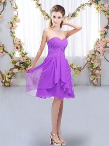 Beauteous Lavender Sleeveless Knee Length Ruffles and Ruching Lace Up Quinceanera Dama Dress