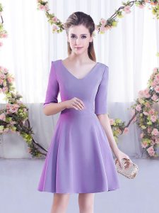 Lavender A-line V-neck Half Sleeves Chiffon Mini Length Zipper Ruching Vestidos de Damas