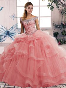 Wonderful Watermelon Red Tulle Lace Up Off The Shoulder Sleeveless Floor Length 15 Quinceanera Dress Beading and Ruffles