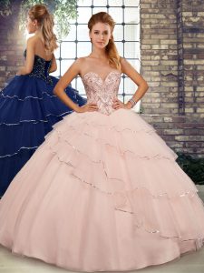 Peach Ball Gowns Tulle Sweetheart Sleeveless Beading and Ruffled Layers Lace Up Quinceanera Gowns Brush Train