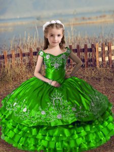 Cute Off The Shoulder Sleeveless Satin and Organza Pageant Dress for Teens Embroidery and Ruffled Layers Lace Up