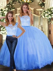 Blue Two Pieces Scoop Sleeveless Tulle Floor Length Clasp Handle Lace Quince Ball Gowns